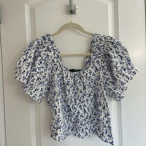 Aqua Blue and White Puff Sleeve Smocked Blouse